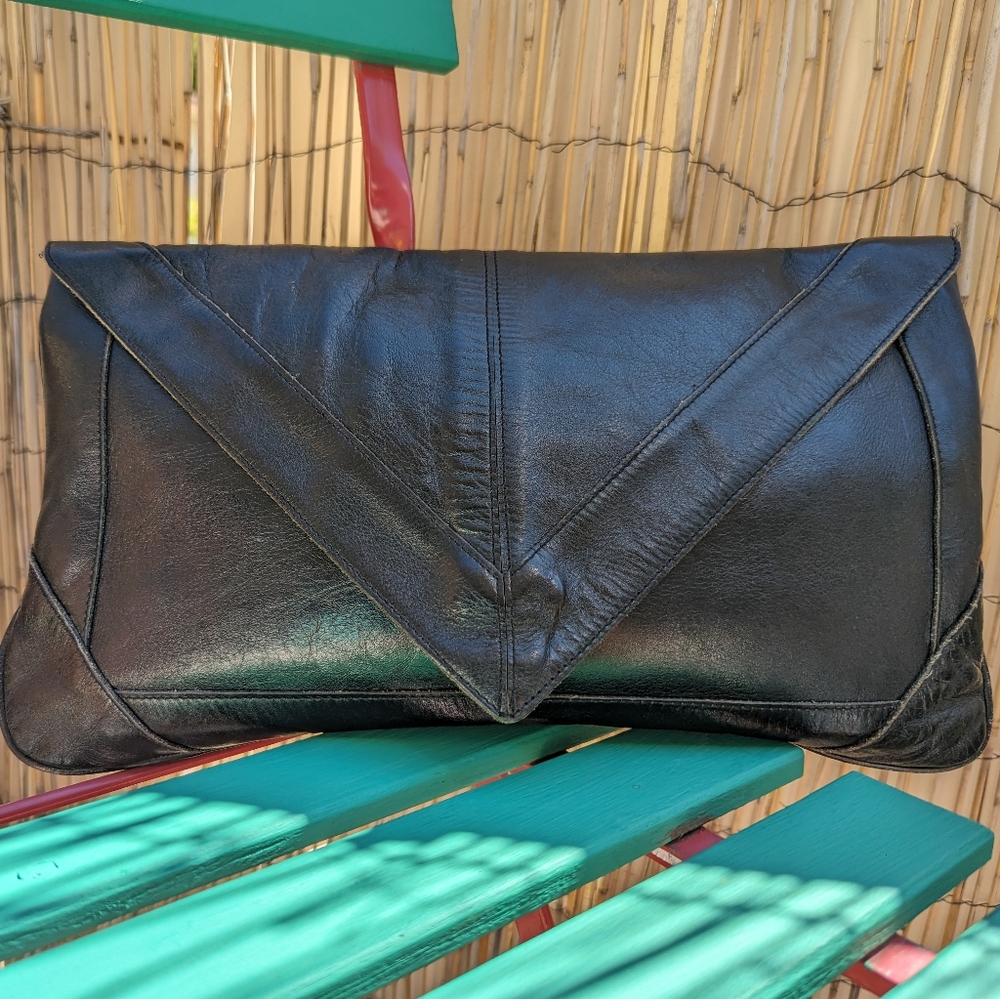 Beautiful Vintage Black Leather Envelope Clutch Bag